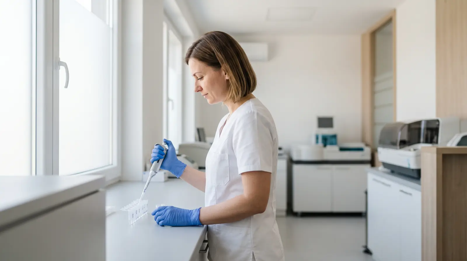 Laboratorijska tehničarka pipetira uzorke u epruvete na radnom stolu laboratorija