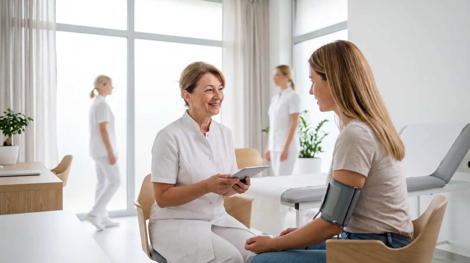 Mjerenje krvnog tlaka pacijentici u ordinaciji medicine rada