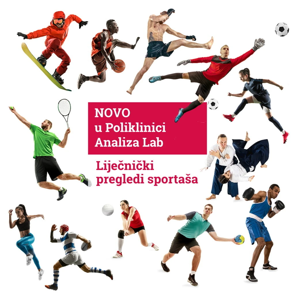 Plakat: Novo u Poliklinici Analiza Lab — liječnički pregledi sportaša